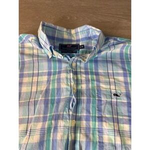 Vineyard Vines Mens Slim Fit Tucker Shirt Blue Green Plaid Short Sleeve Size M